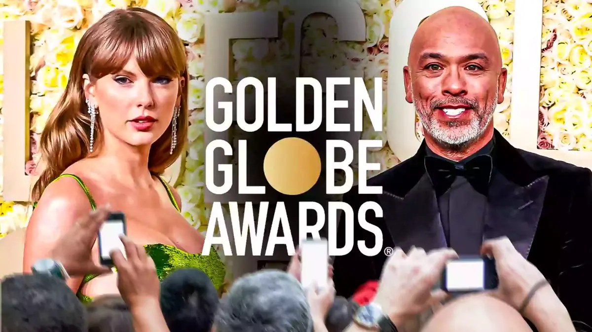 Taylor Swift and Jo Koy with Golden Globes logo in the middle.
