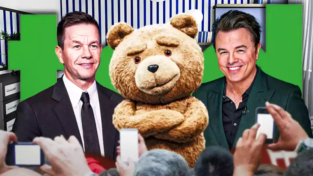Ted logo behind Mark Wahlberg and Seth MacFarlane with teddy bear.