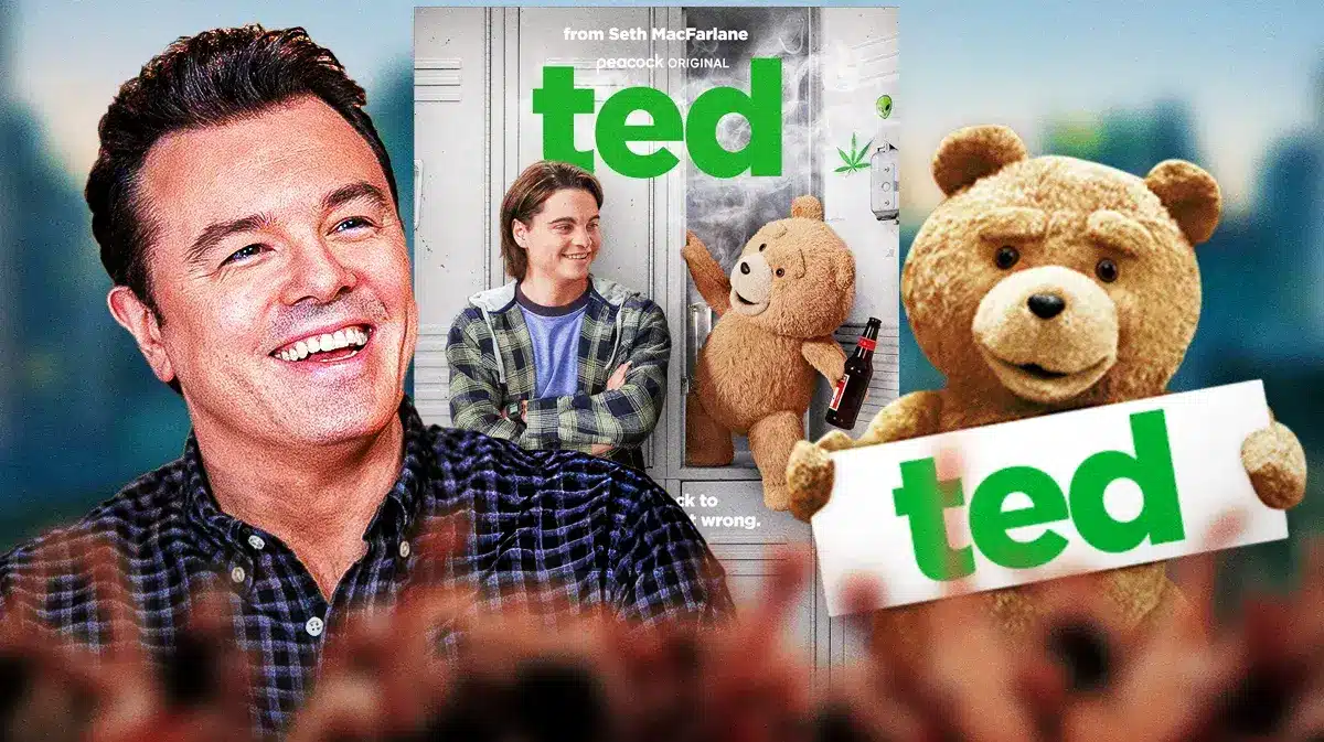 Seth MacFarlane next to Ted bear and poster.