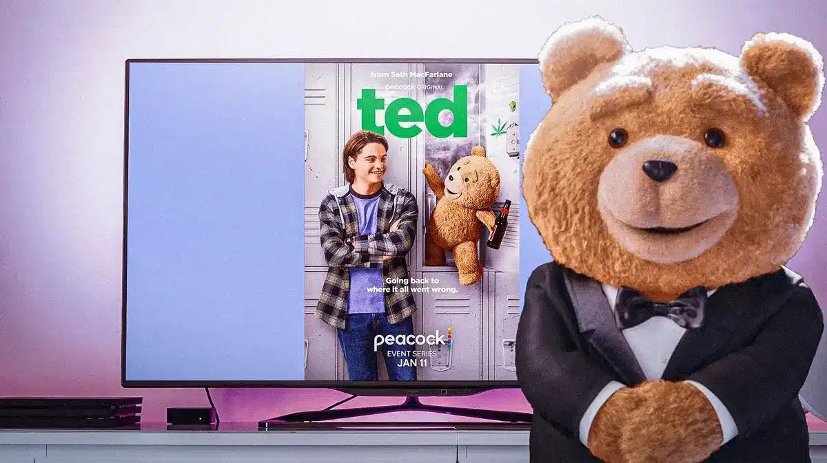 Ted Peacock series poster on TV next to the Ted bear.
