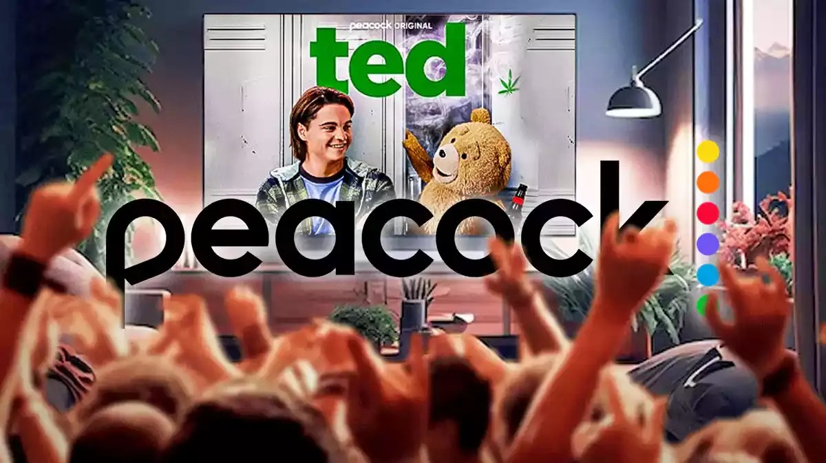 Ted series poster on TV with Peacock logo.