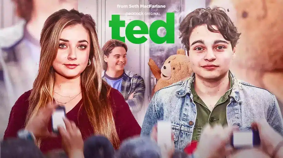 Giorgia Whigham and Max Burkholder in front of Peacock Ted series poster.