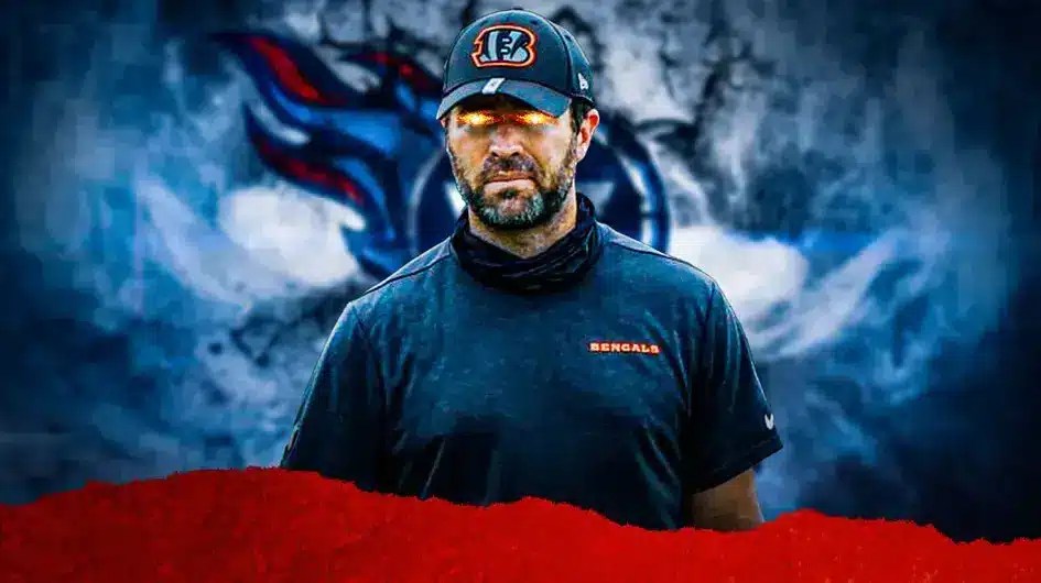 Brian Callahan with fire in his eyes and Tennessee Titans logo in the background