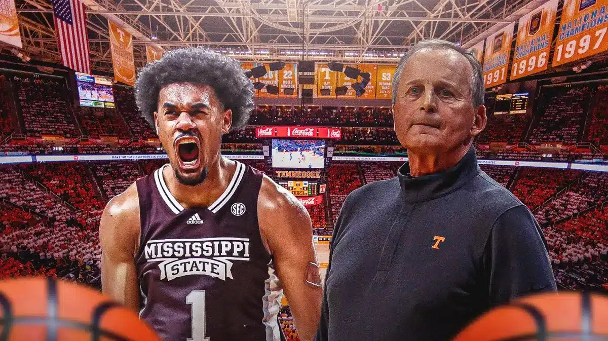 Tennessee basketball head coach Rick Barnes and Mississippi State star Tolu Smith in front of Thompson-Boling Arena.