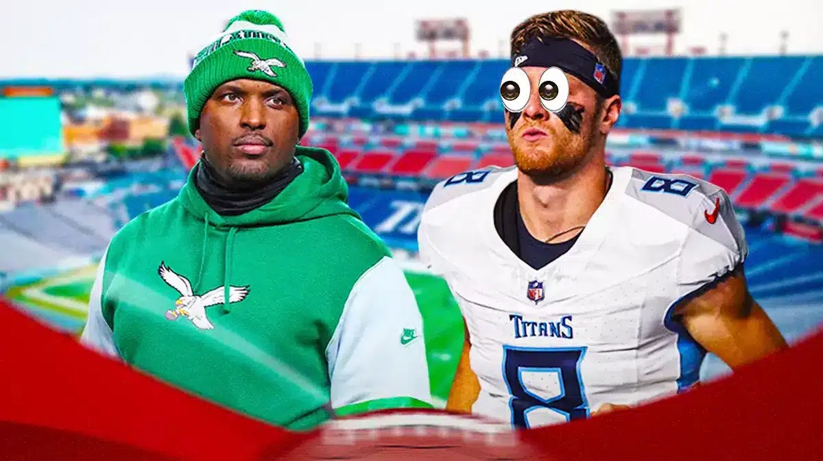Eagles OC Brian Johnson, who is one of the Titans head coach candidates and Titans QB Will Levis.