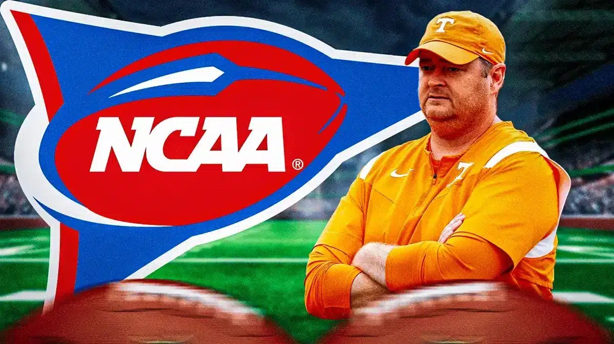 Josh Heupel, NCAA logo next to him. Tennessee football