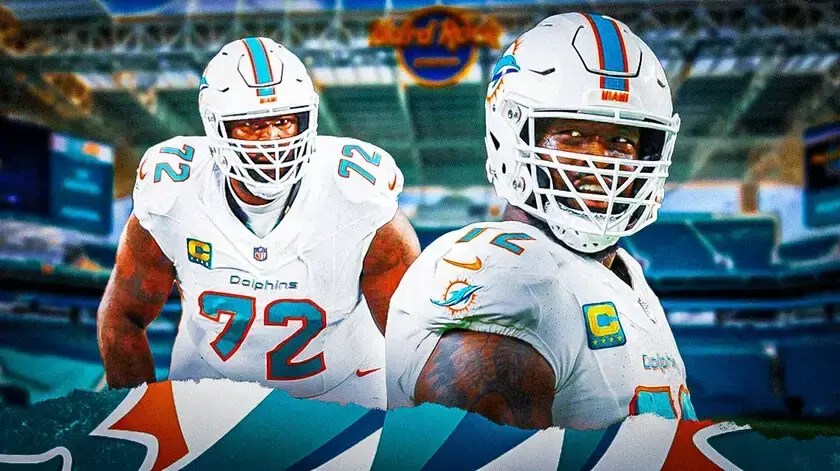 Miami Dolphins star Terron Armstead in front of Hard Rock Stadium.