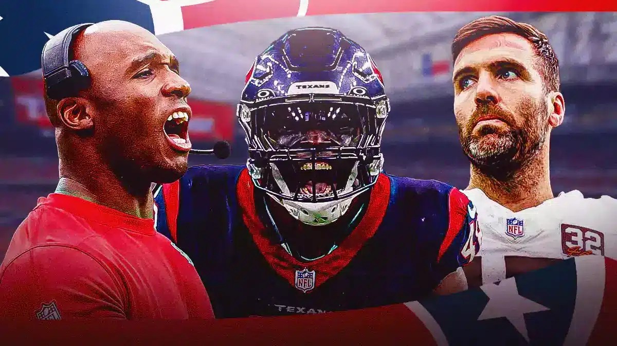 Texans CJ Stroud mentor DeMeco Ryans and Christian Harris shouting at Joe Flacco