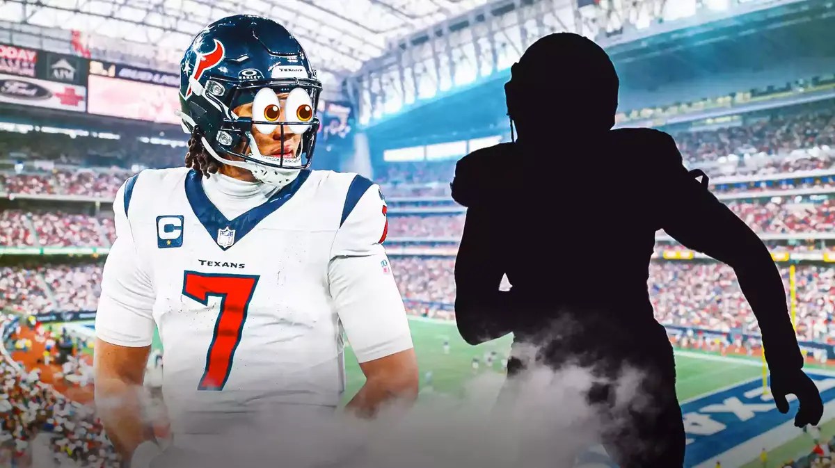 silhouette of Jonathan Greenard ACTION SHOT (Texans), CJ Stroud with eyes emoji and looking in the direction of the silhouette