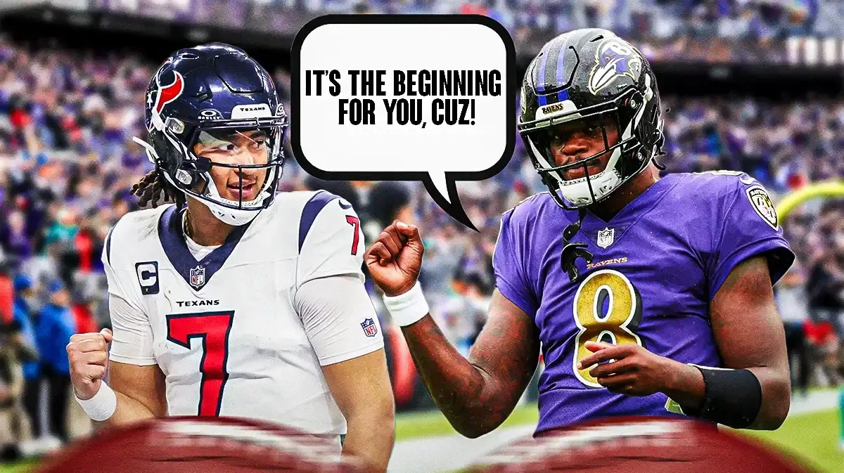 Baltimore Ravens quarterback Lamar Jackson delivering an inspiring message to Houston Texans QB CJ Stroud