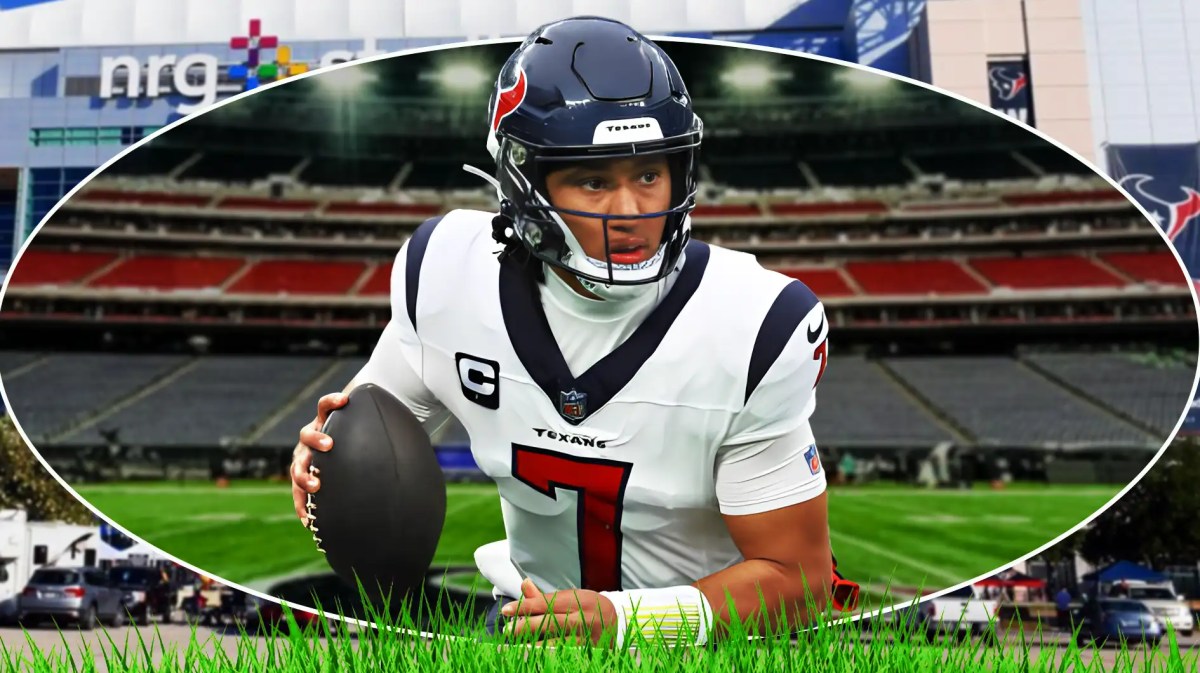 Texans, CJ Stroud, Texans Colts, AFC South, Texans playoffs, CJ Stroud in Texans uni with Texans stadium in the background