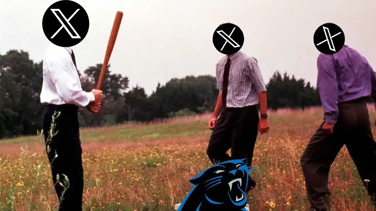 X (social media app) logos on each of the faces of the men, Panthers logo on the broken printer on the ground, Texans