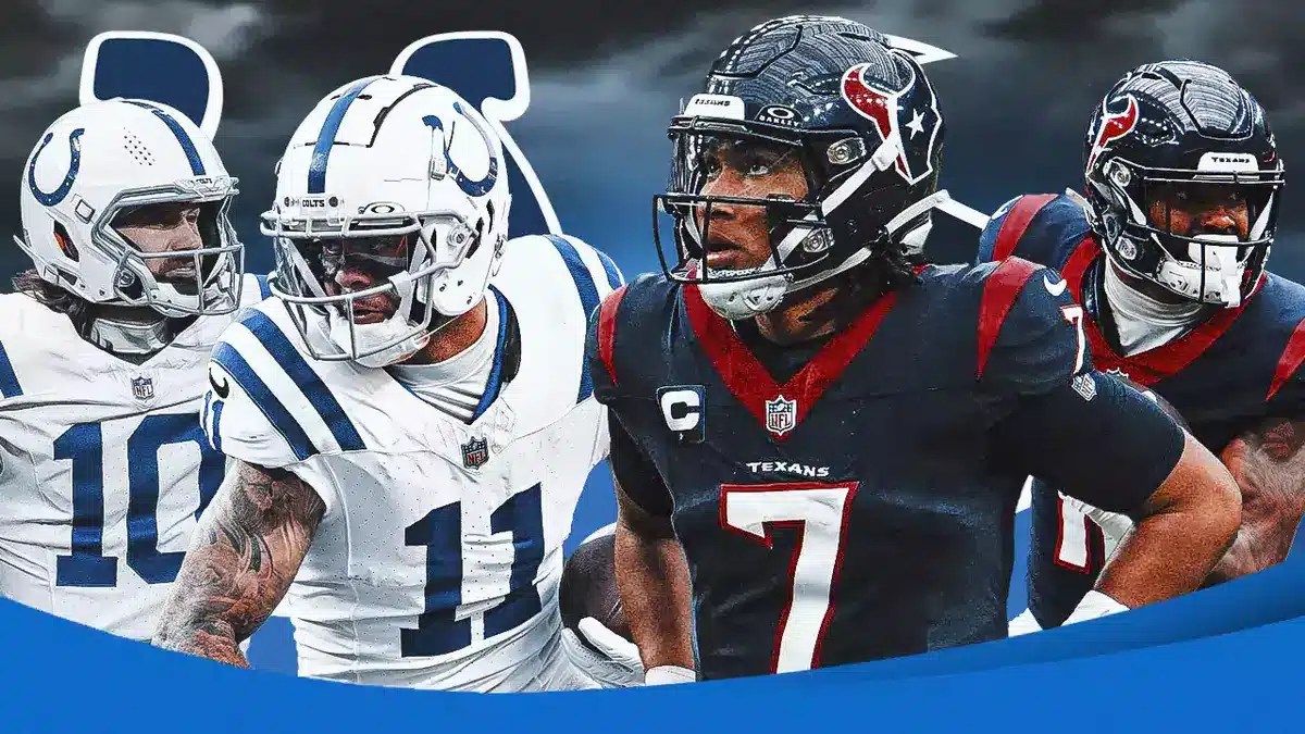 Gardner Minshew, Michael Pittman Jr, Colts logo vs. C.J. Stroud, Nico Collins, Texans logo.