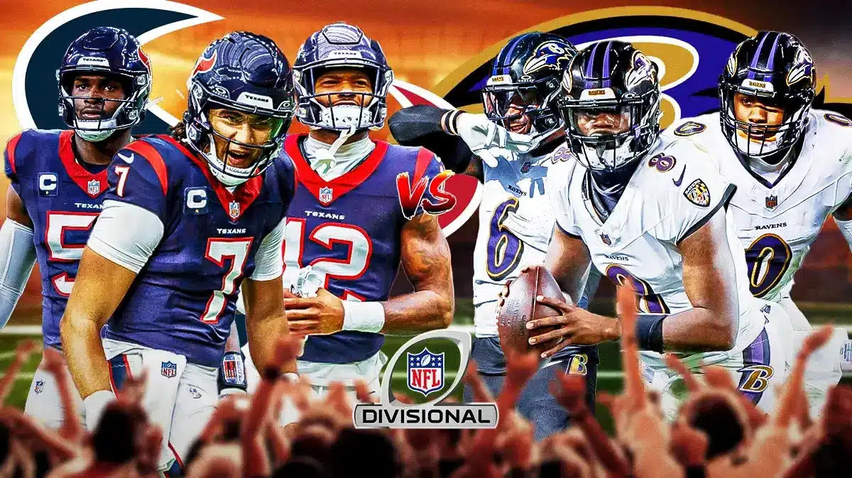 C.J. Stroud, Nico Collins, Will Anderson, Texans logo vs. Lamar Jackson, Roquon Smith, Patrick Queen, Ravens logo. Divisional Round logo front and center.