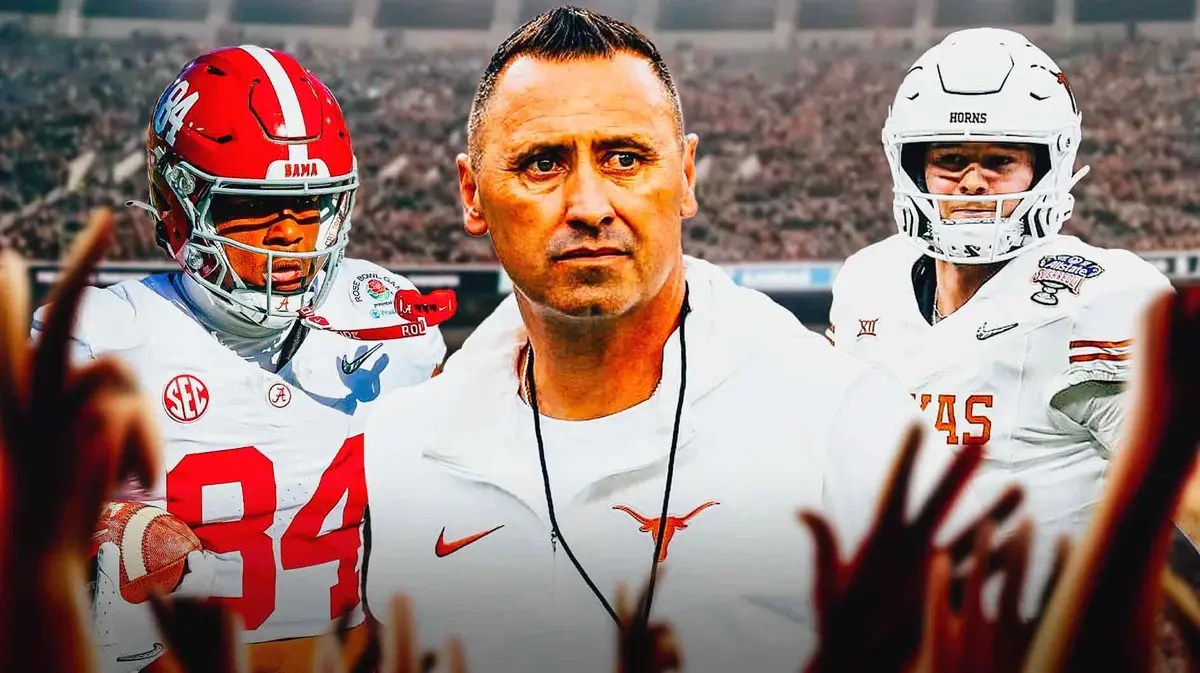 Texas football Steve Sarkisian and Quinn Ewers with Amari Niblack from Alabama