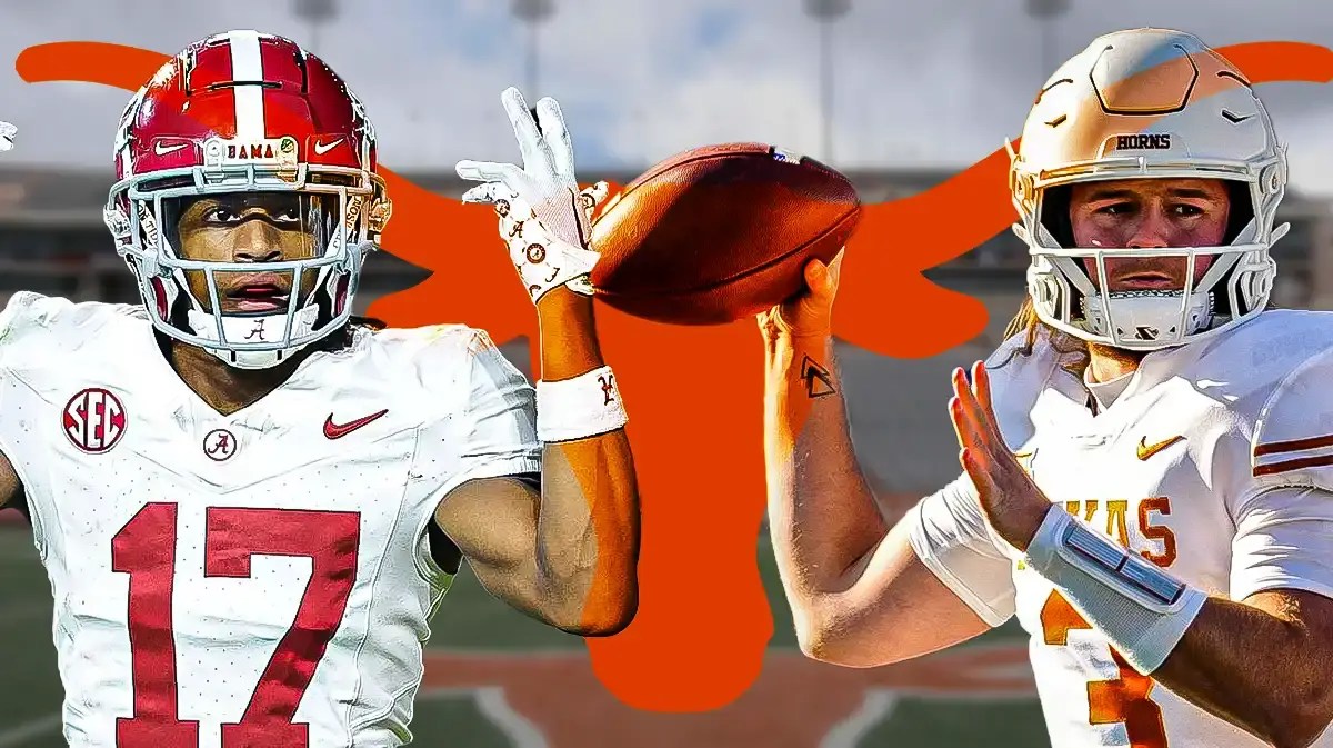 Quinn Ewers in Texas football uniform and Isaiah Bond with Longhorns logo behind them.
