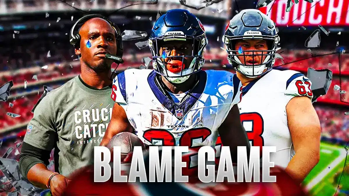 Devin Singletary, DeMeco Ryans, Michael Deiter all with tear emojis 💧 and with shattered glass in the background.