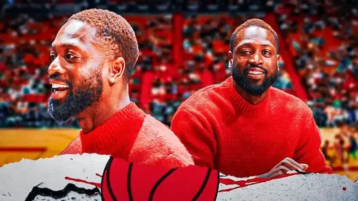 Former Miami Heat star Dwyane Wade in front of the Kaseya Center.