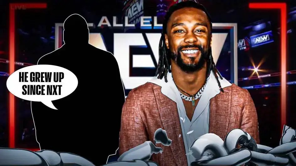 Swerve Strickland next to the blacked-out silhouette of Mark Henry with a text bubble reading “He grew up since NXT” with the AEW logo as the background.