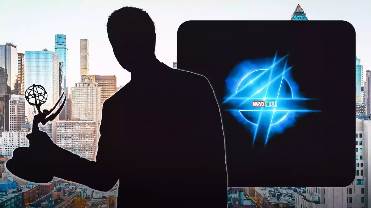 Silhouette of Ebon Moss-Bachrach with an Emmy trophy and the Fantastic Four logo