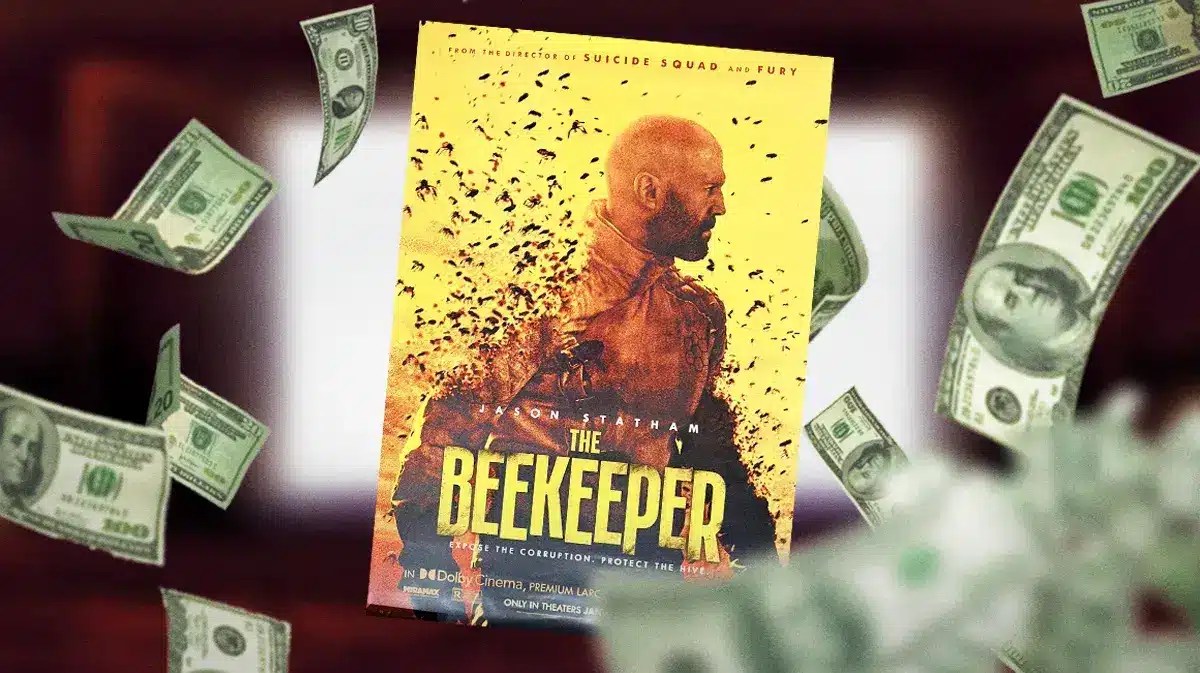 Movie poster for The Beekeeper with money around it.