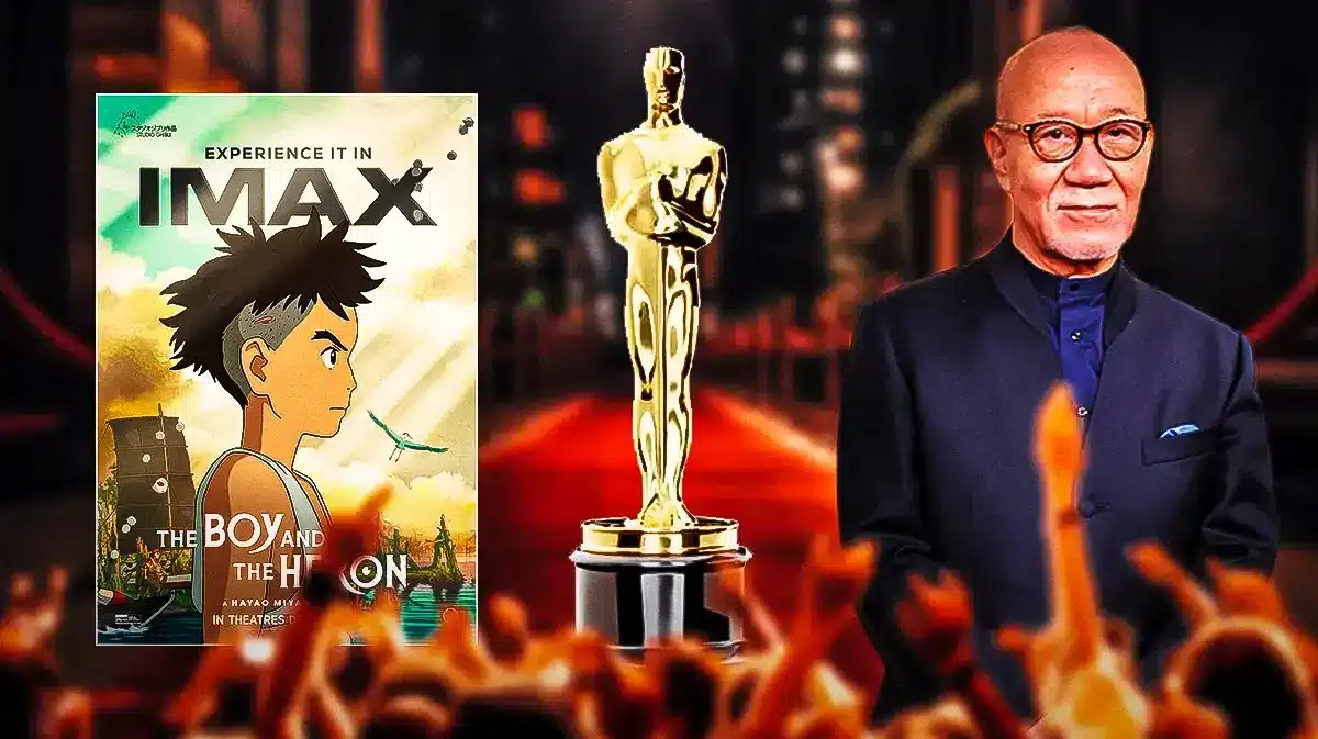 The Boy and the Heron next to Oscars trophy and Joe Hisaishi.