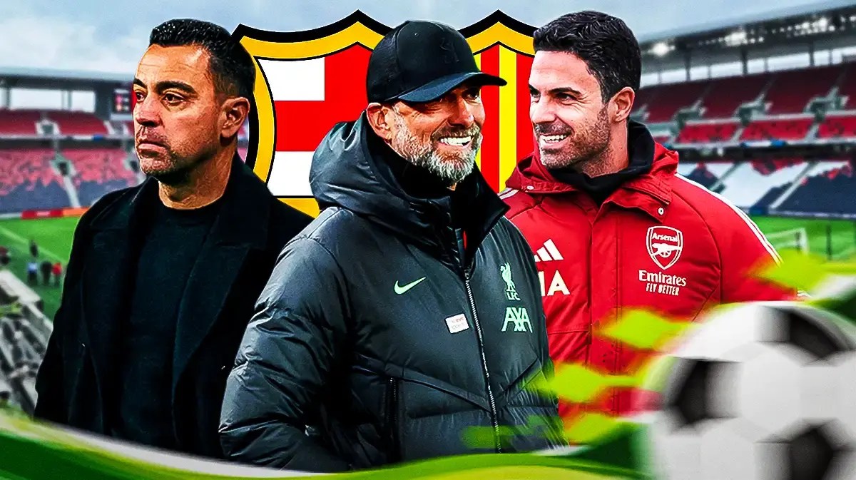 Xavi Hernandez, Jurgen Klopp, Mikel Arteta in front of the Barcelona logo