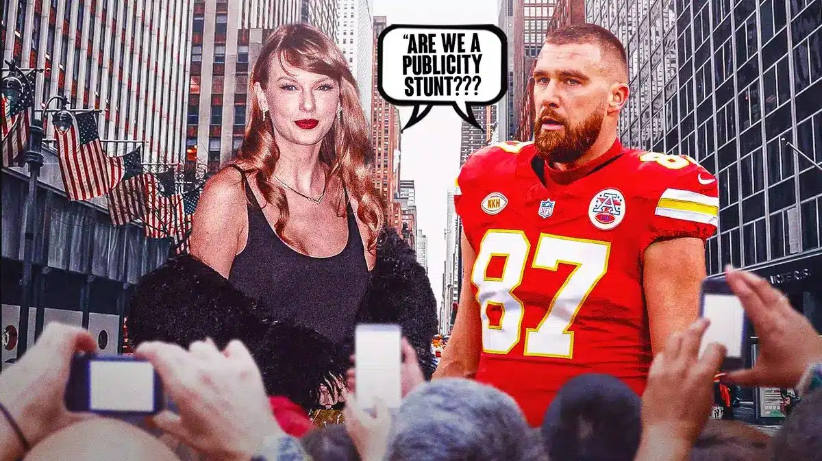 Travis Kelce, Taylor Swift. Swift and Kelce share a speech bubble, “Are we a publicity stunt???”