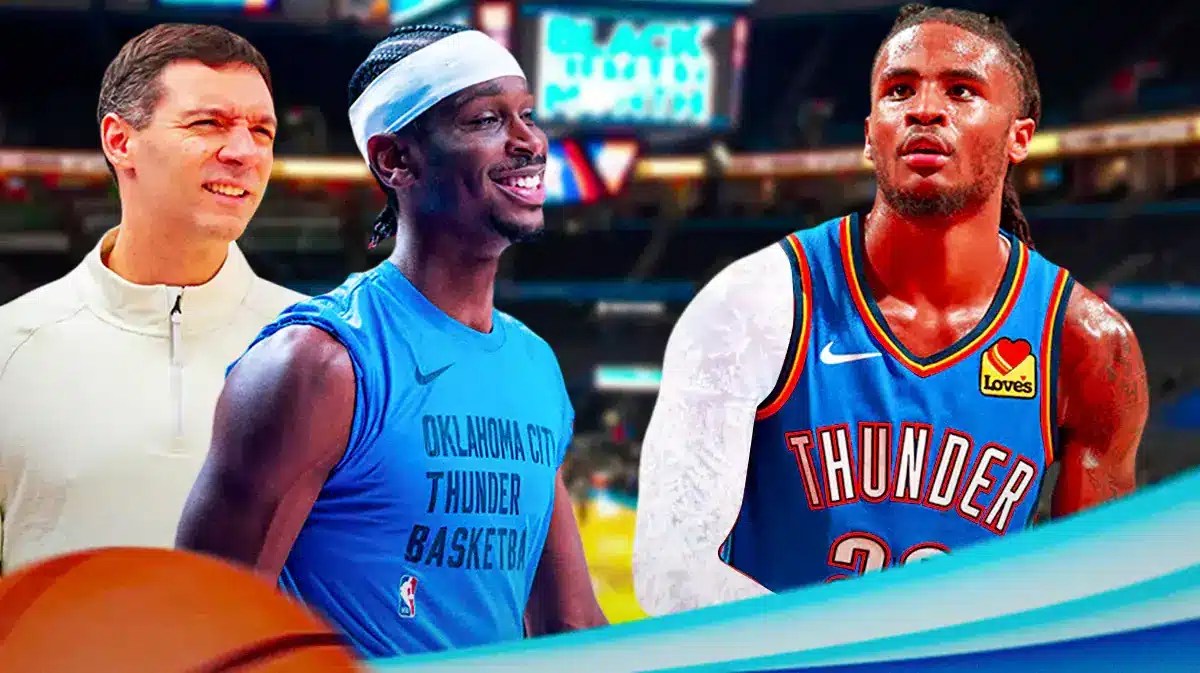 Thunder’s Cason Wallace with ice in his veins (frost effect on his arms), with Mark Daigneault and Shai Gilgeous-Alexander smiling