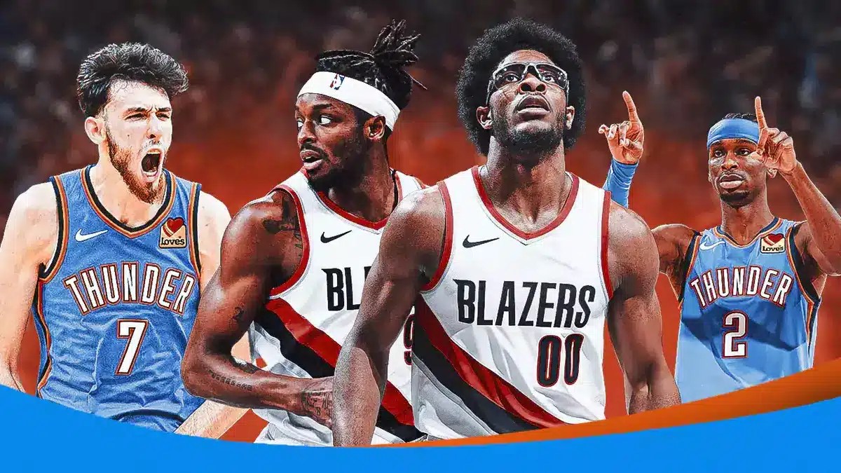 Thunder players Chet Holmgren and Shai Gilgeous Alexander having fun at the expense of Jerami Grant and Scoot Henderson