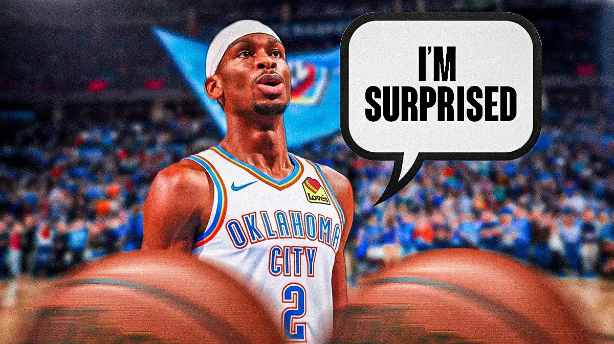 Shai Gilgeous-Alexander saying: 'I'm surprised,' with the Thunder arena in the background