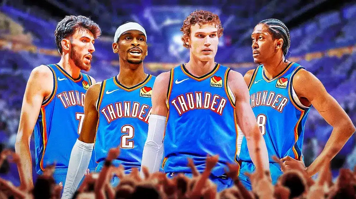 Thunder NBA trade deadline target Lauri Markkanen with Shai Gilgeous Alexander, Jalen Williams, and Chet Holmgren