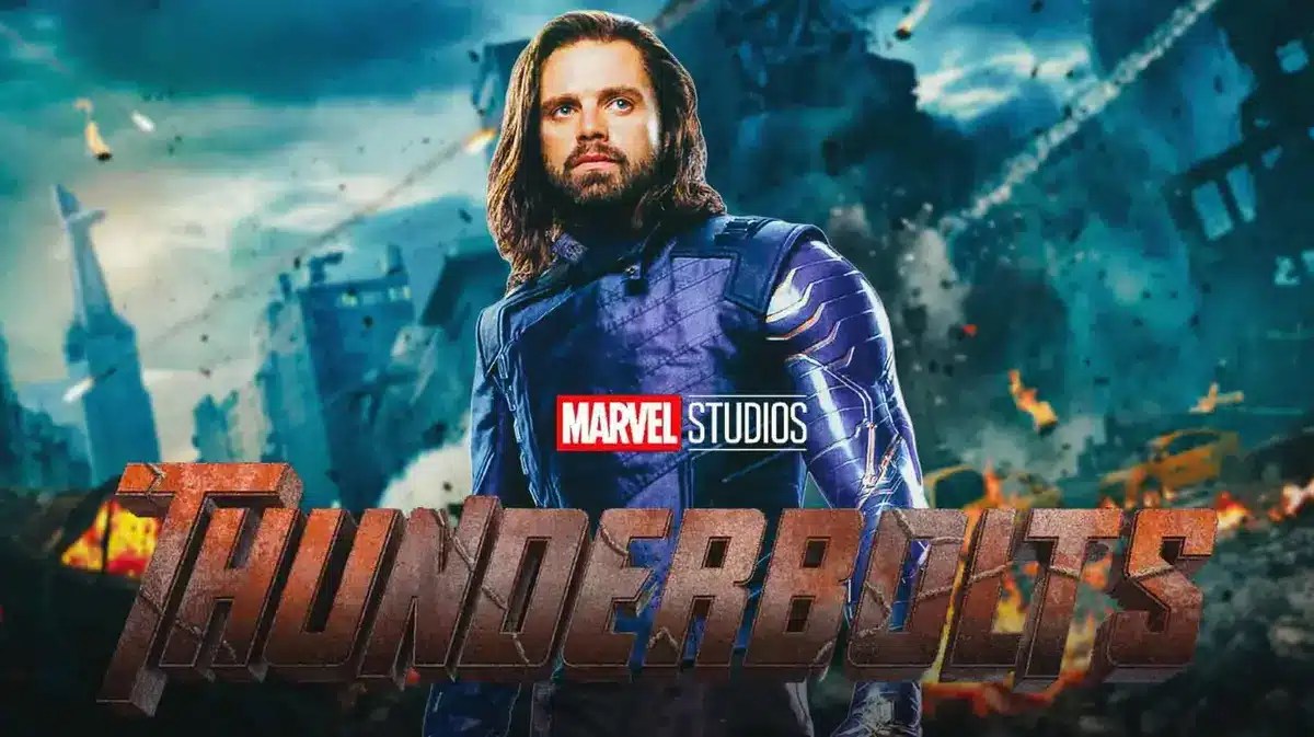 Sebastian Stan as Bucky Barnes and MCU Thunderbolts logo.