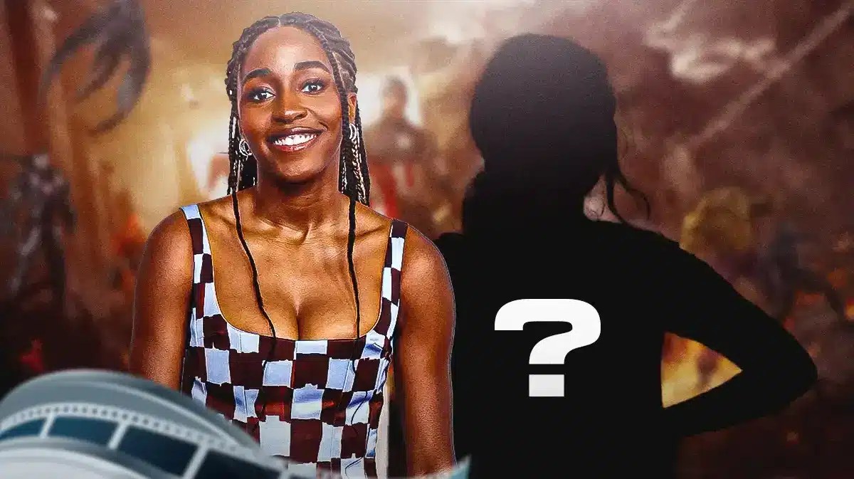 Pic of Ayo Edebiri alongside a silhouette of Geraldine Viswanathan with a “?” over her. And Thunderbolts and/or MCU imagery in the background
