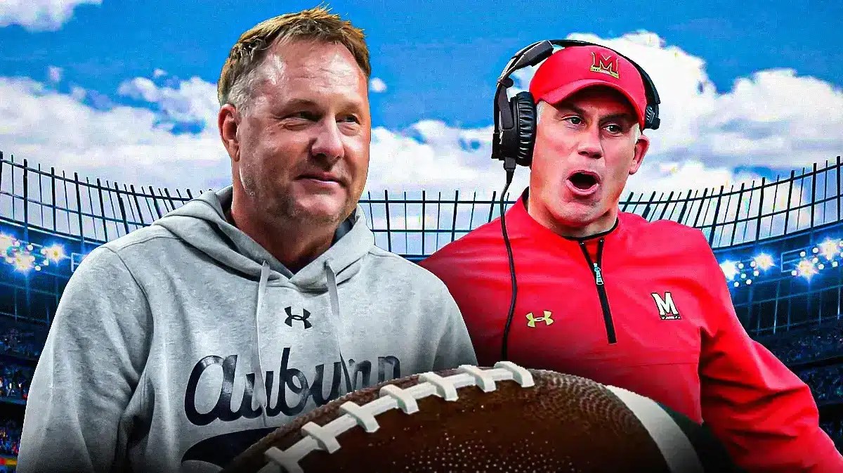 Auburn head coach Hugh Freeze next to DJ Durkin with Auburn football background.