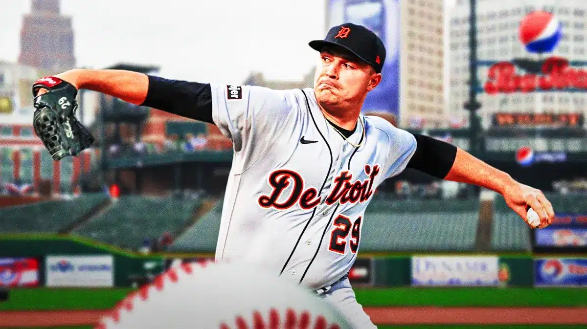 Tigers' Tarik Skubal pitching a baseball at Comerica Park.