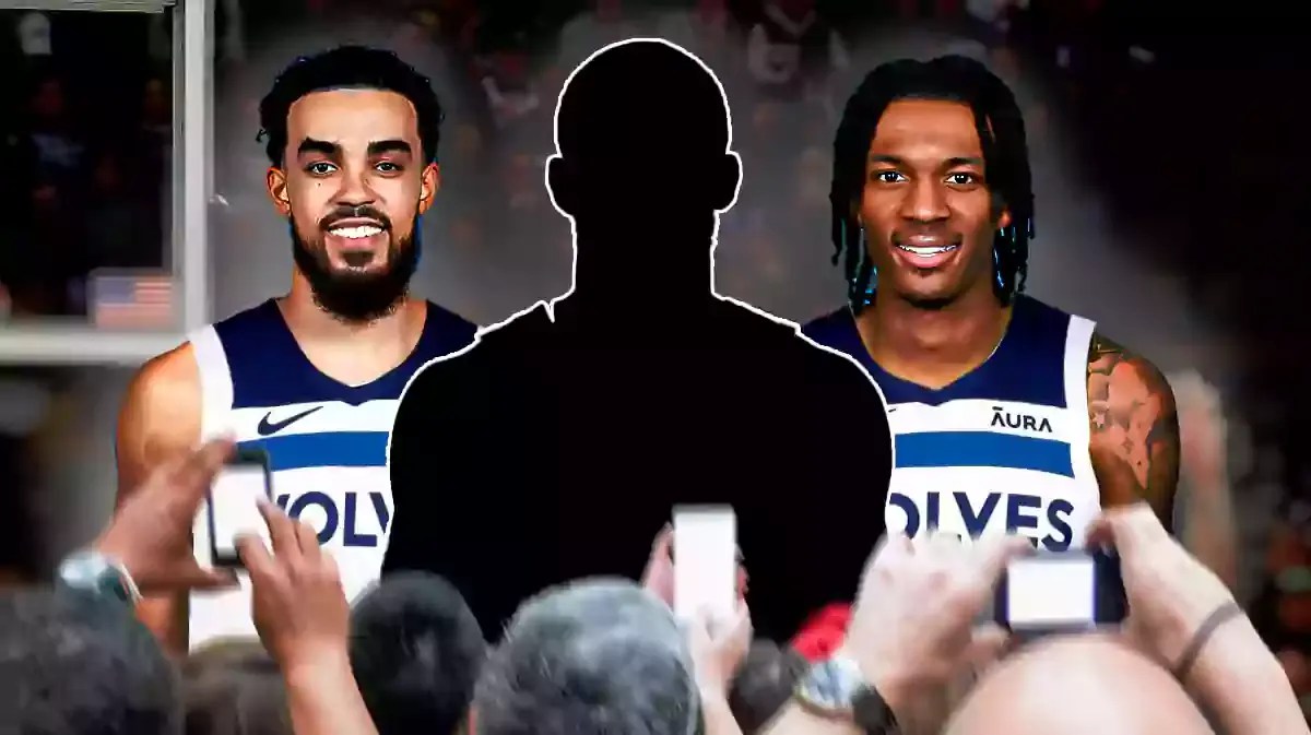 Tyus Jones in a Timberwolves jersey, Bones Hyland in a Timberwolves jersey and a player silhouette to represent other trade options.