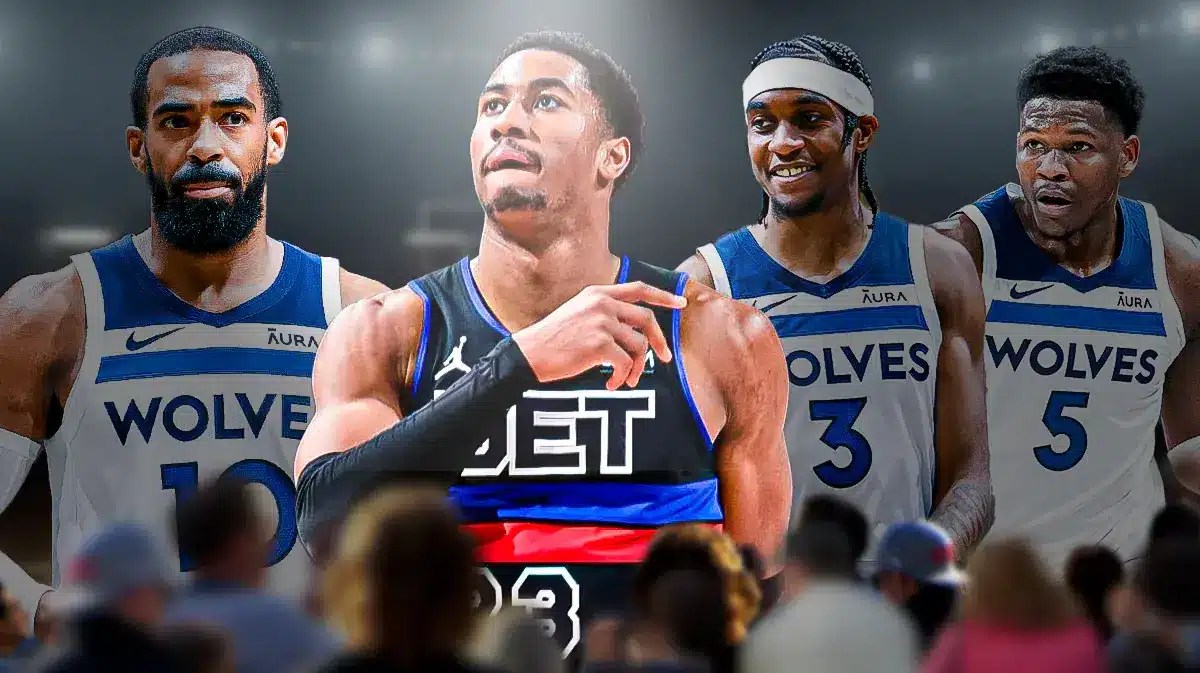 TImberwolves' Mike Conley, Jaden McDaniels and Anthony Edwards wth Pistons' Jaden Ivey in front of them