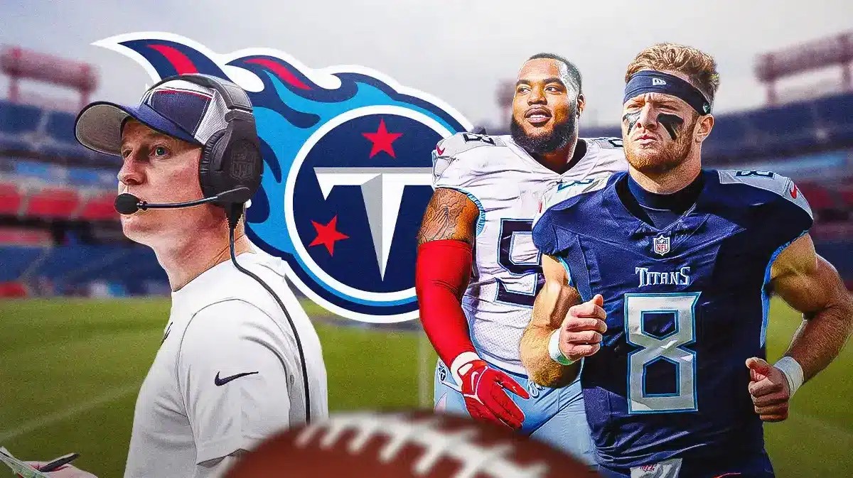 Bobby Slowik with Titans' Jeffery Simmons and Will Levis looking at him