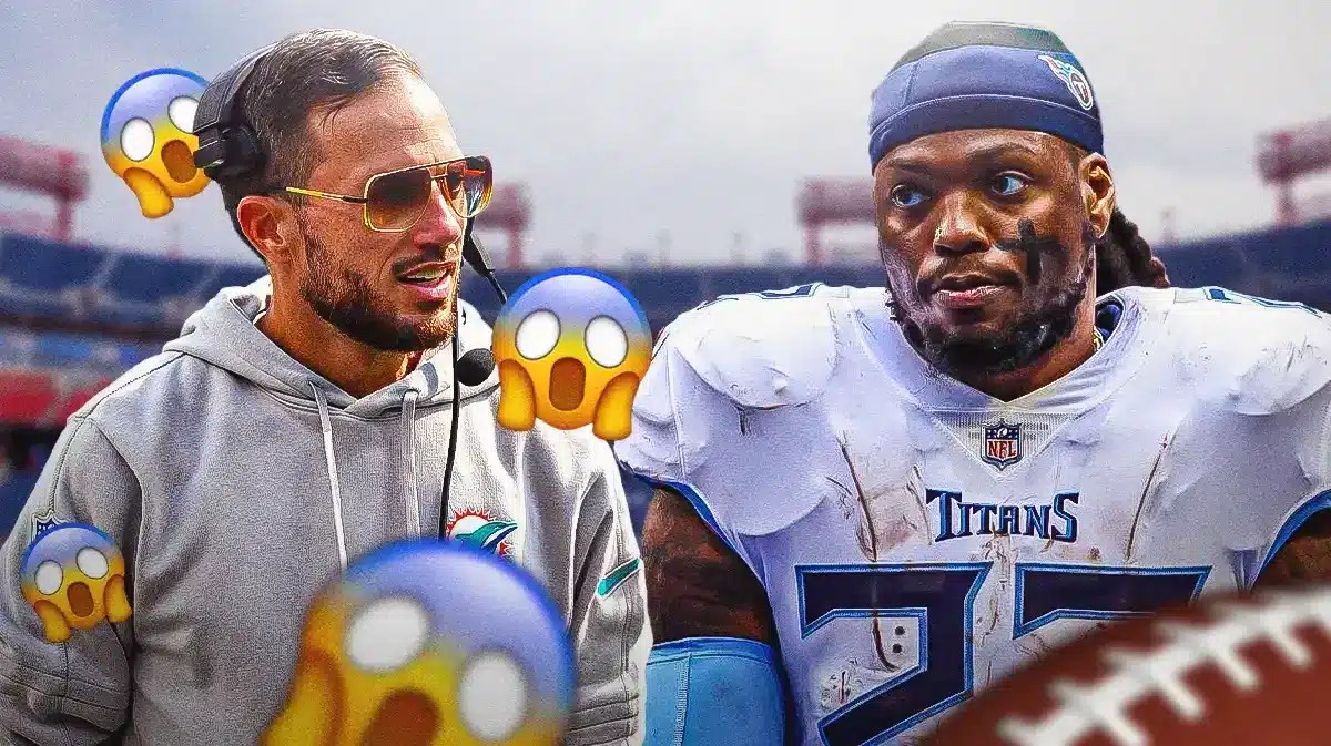 Derrick Henry. Mike McDaniel with 😱 emojis around him