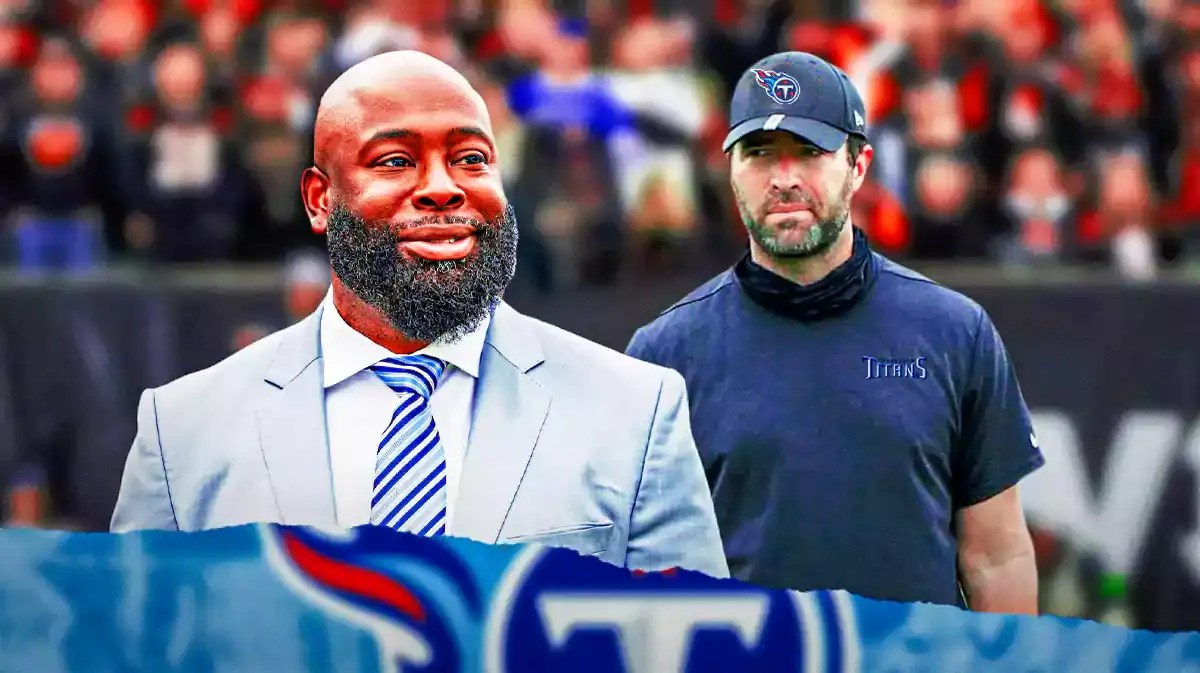 Titans general manager Ran Carthon and new coach Brian Callahan in front of a Titans background.