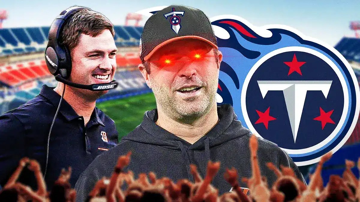 Bengals Zac Taylor looking at Titans Brian Callahan with lasers in his eyes. Background is Nissan Stadium