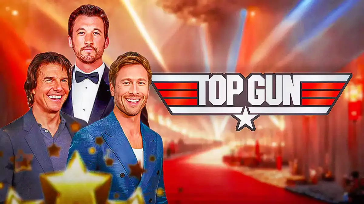 Tom Cruise, Miles Teller, and Glen Powell next to Top Gun logo.