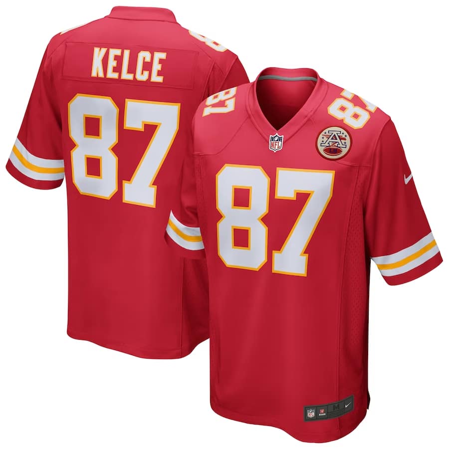 Travis Kelce Kansas City Chiefs Nike Game Jersey - Red colored on a white backgorund.