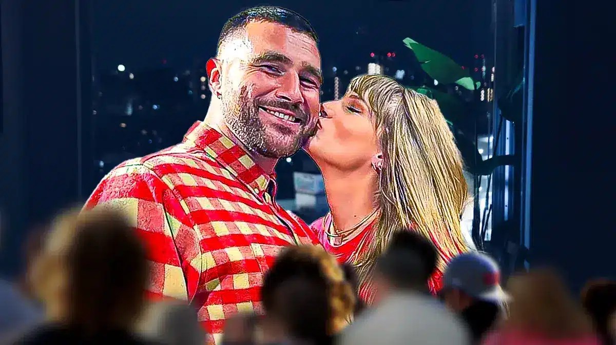 Travis Kelce and Taylor Swift celebrate after Chiefs win AFC title