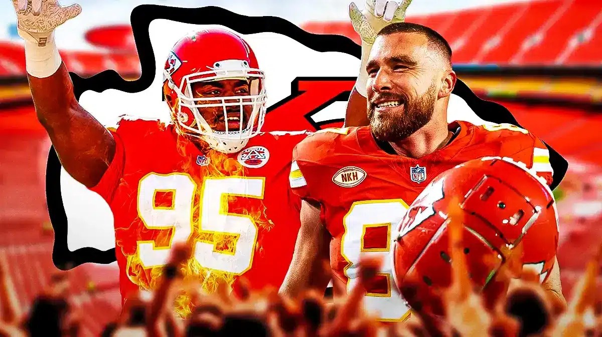 Chiefs' Travis Kelce and Chris Jones stand next to each before the AFC Championship, Patrick Mahomes warms up in the background