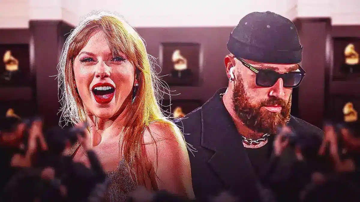 Travis Kelce and Taylor Swift with Grammys behind them.