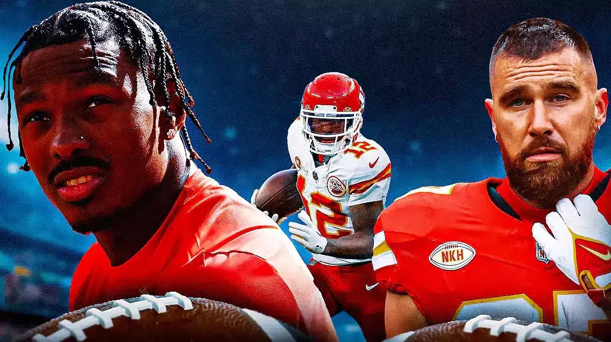 Chiefs' Travis Kelce and Chiefs' Mecole Hardman in front looking serious. In background, have Chiefs' Mecole Hardman running with a football.