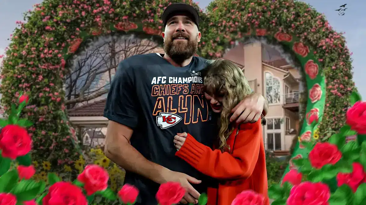 Travis Kelce and Taylor Swift with hearts