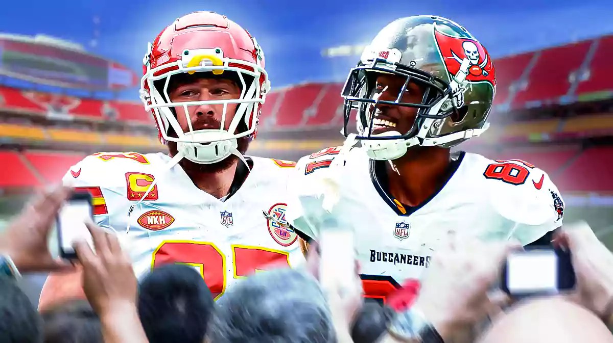 Chiefs, Travis Kelce, Jason Kelce, Antonio Brown, Travis Kelce Antonio Brown, Travis Kelce and Antonio Brown with Chiefs stadium in the background
